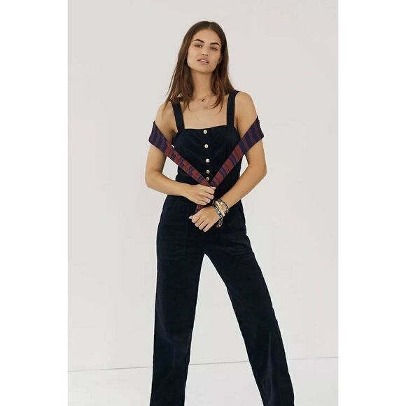 NEW ANTHROPOLOGIE JOANIE CORDUROY JUMPSUIT ONE PIECE CORD JUMPER DEEP NAVY - Picture 1 of 5